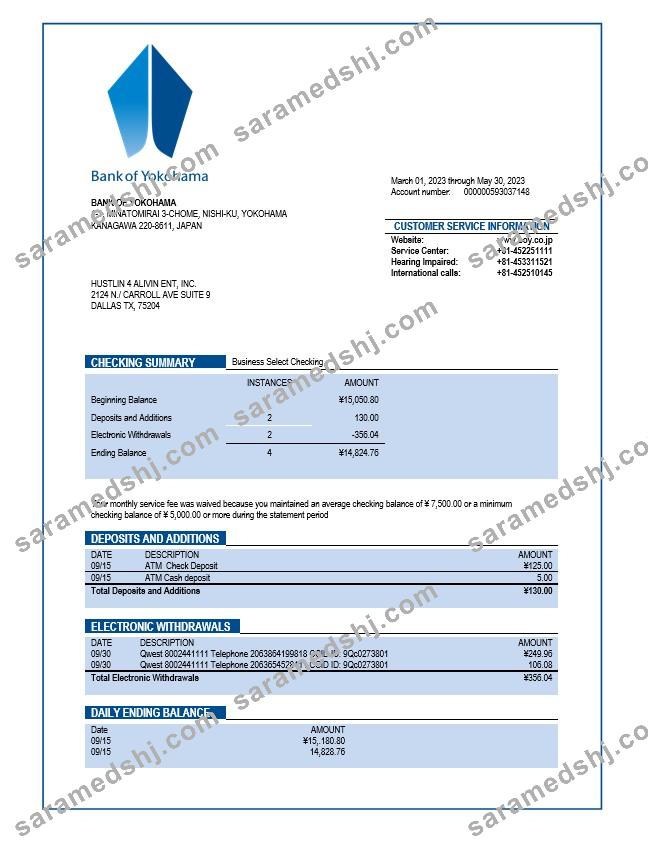Bank of Yokohama company checking account statement Word and PDF template
